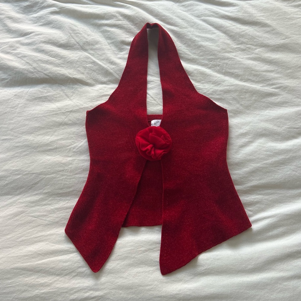 With Jean red flower knit halter top